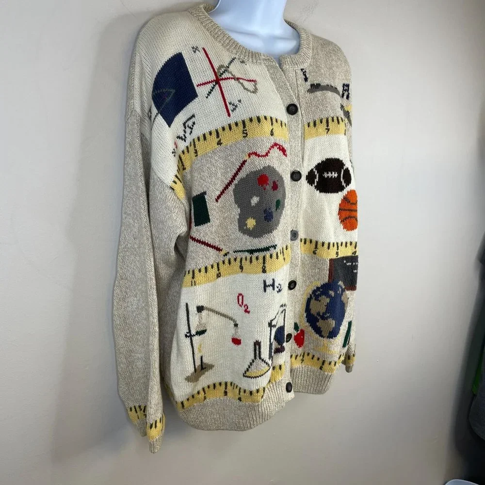 Woolrich Womens TEACHER Cardigan Sweater Sz M MATH SCIENCE Music Sports Vintage - Picture 2 of 13